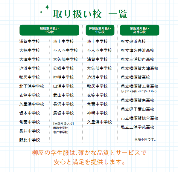 中学校制服取り扱い校一覧